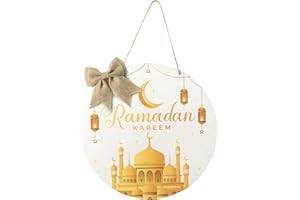 L1rabe Ramadan Kareem Hanging Ornament - Eid Mubarak Wreath Wooden Hanging Door Sign Decorations White Gold Round Welcome Sign Islam Ramadan Mubarak Moon Ornament Home Wall Door Decor Party Supplies