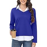 Kaleforneo Womens Sweaters Fall Fashion 2025 V Neck Long Sleeve Collared Shirts Office Business Lightweight 2 in 1 Tops