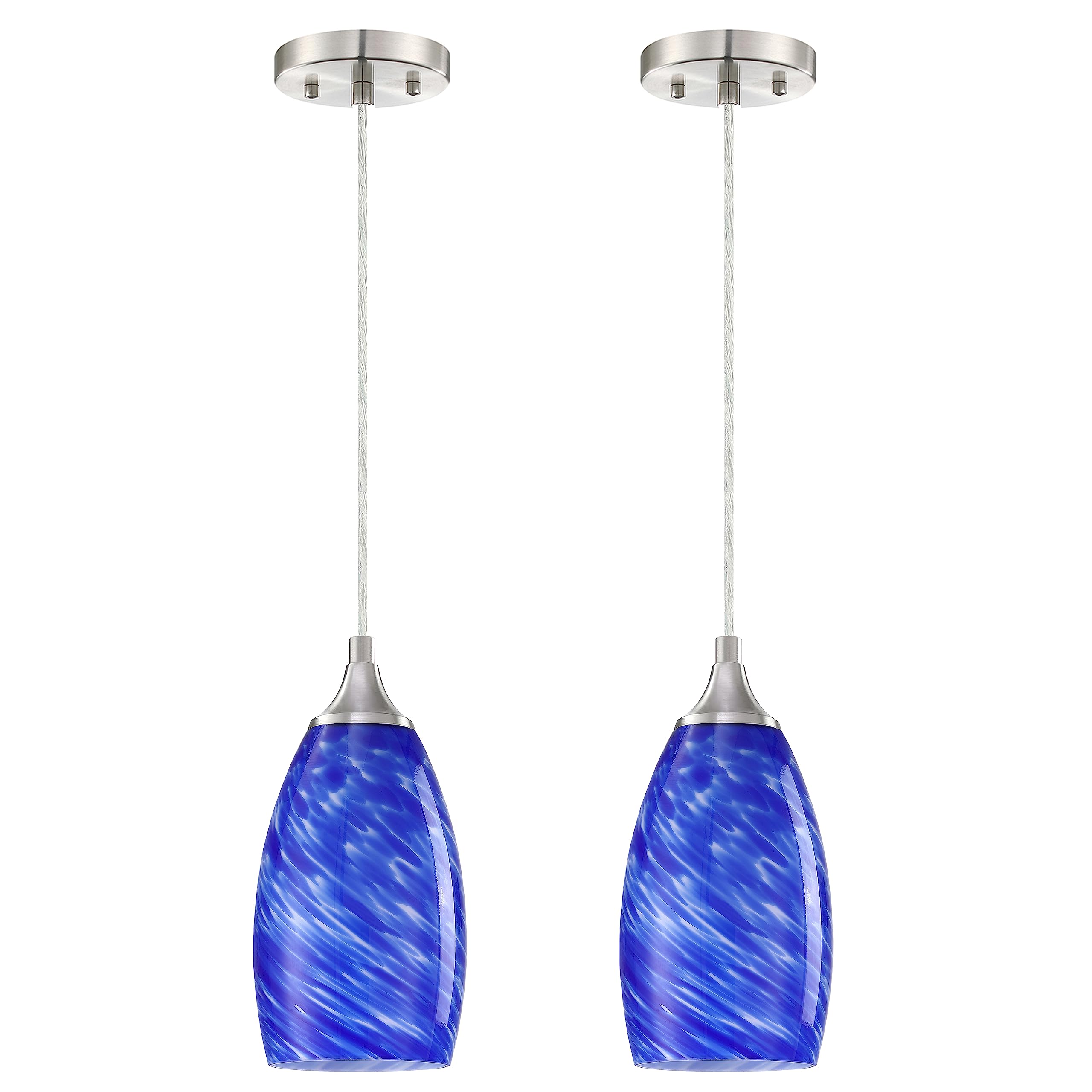 Photo 1 of 2 Pack Blue Glass Pendant Light Fixtures Small Hanging Kitchen Island Lighting Shade Farmhouse Hand Blow Lighting Fixture for Ceiling at Bar Dining Room Over Sink