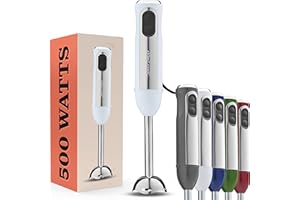 PEACH STREET High Speed Immersion Blender, Electric Hand Blender 500 Watt with Turbo Mode, Detachable Base. Handheld Kitchen Gadget Blender Stick for Soup, Smoothie, Puree, Baby Food, 304 Stainless Steel Blades (White)