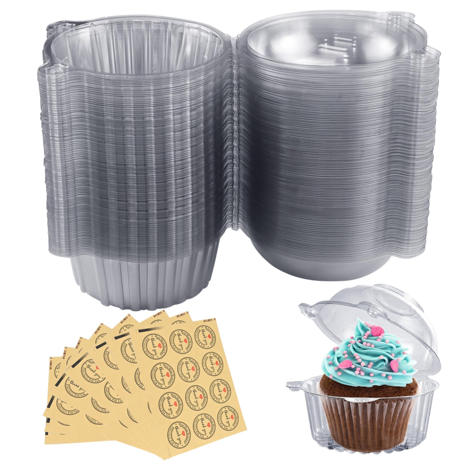 100 Pcs Individual Clear Cupcake Boxes, Slice Cheesecake Pots Storage Container Dessert Cups with Lid, Single Plastic Clear Cupcake Boxes with Stickers for Home Baking, Party, Wedding Cake Shop