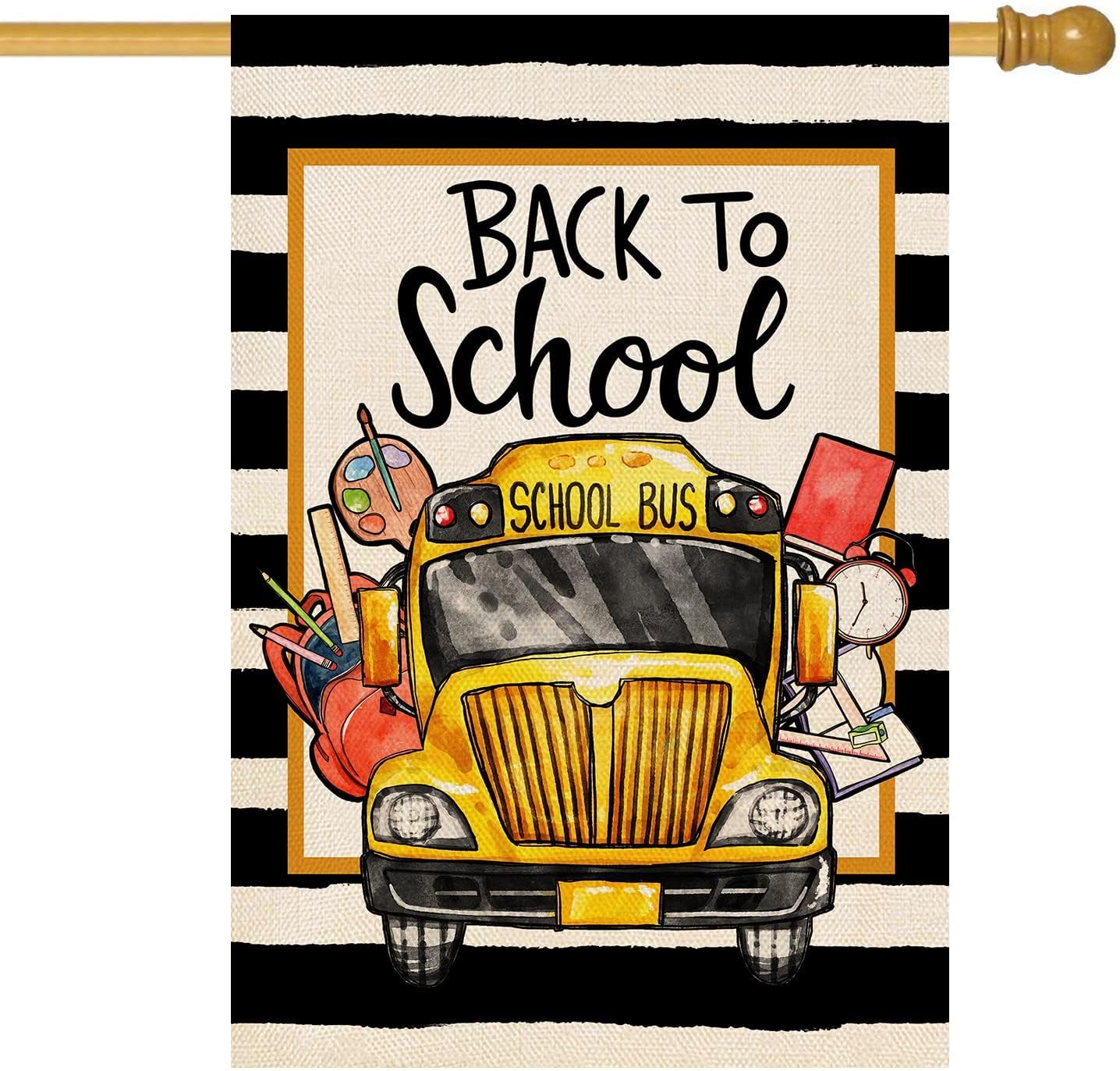 Photo 1 of Baccessor School Bus Back to School House Flag Burlap Black Stripes School First Day House Flag for Fall Seasonal Farmhouse Outdoor Outside Party Decoration 28x40 Inch