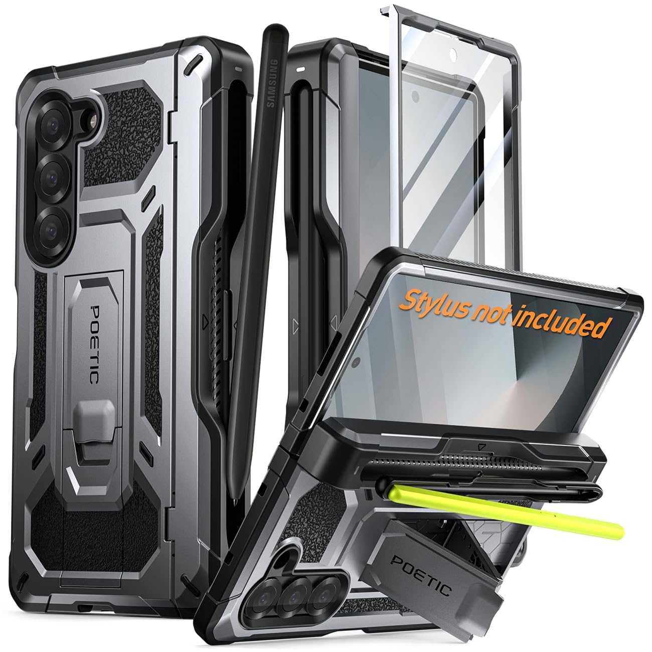 Poetic Spartan Case for Galaxy Z Fold 6, [Hinge Protection][Kickstand][Compatible with Fold 3/4/5/6 S Pen] Full-Body Protective Rugged Cover with Pencil Holder, Screen Protector, Metallic Gun Metal