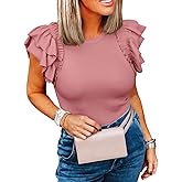 Womens Ruffle Short Sleeve Shirts Slim Fit High Neck Knit Ribbed Tops