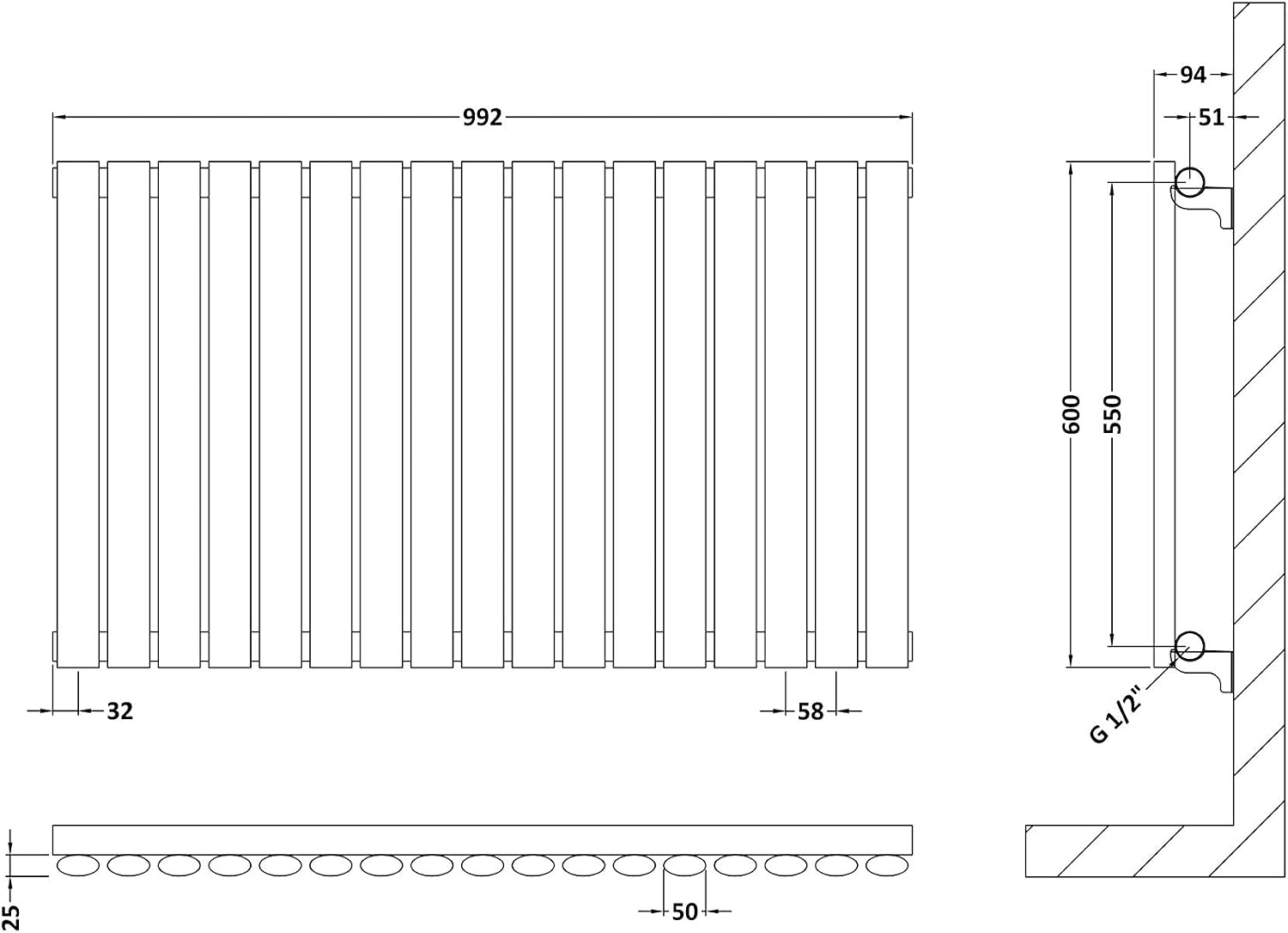 Nuie HLA39 Revive Modern Home Wall Mount Designer Horizontal Single Panel Radiator, 600mm x 992mm x 55mm, Anthracite - Image 3