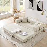 4-in-1 Folding Convertible Sofa Bed, 78 Inch Boneless Couch with Fixed-Shape Frame, Corduroy Loveseat Sleeper with Pull Out Bed, Floor Sofa Modular Futon Couch for Living Room Bedroom Lounge (Beige)