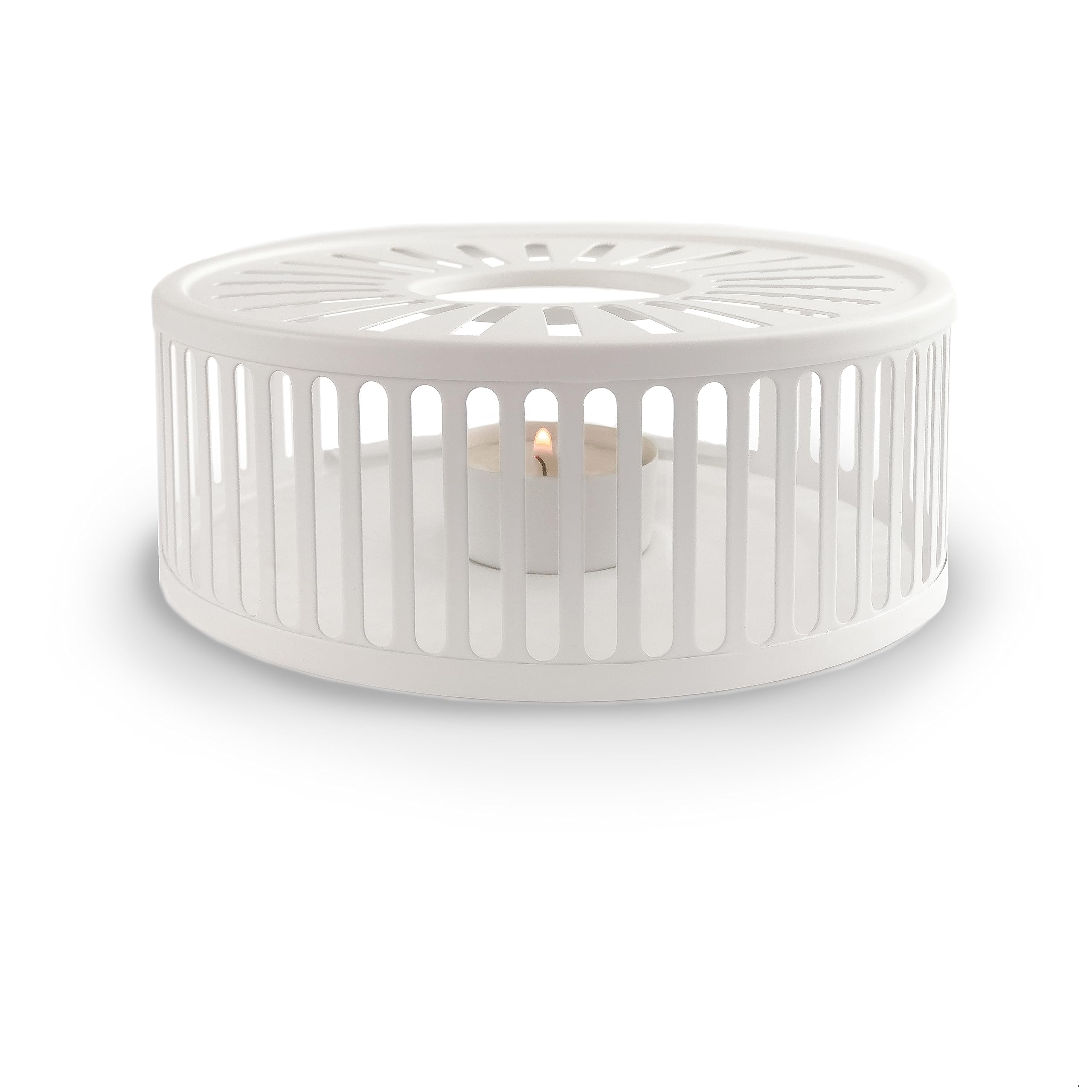 Creano "Stripes" Teapot Warmer in White Stainless Steel – Modern Tea Heater with Striped Look for Teapots & Glass Pots – Includes Tealight Holder