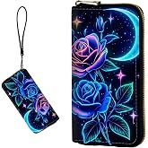 DIGTIALL Women's RFID Blocking Wallet,Blue Roses Moon Stars | PU Leather Slim Bifold Wristlet Clutch with Large Capacity, 16 Card Slots & Zipper Coin Purse Pocket, Ladies Travel Purse