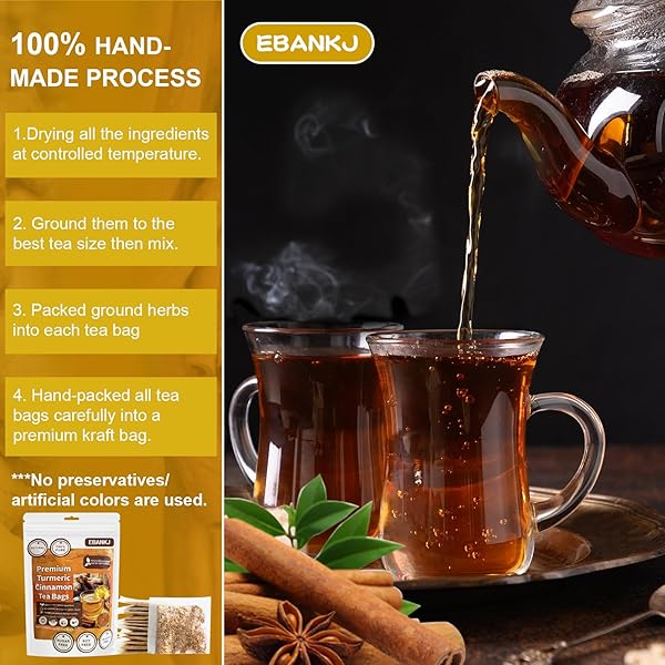 EBANKJ TURMERIC AND CINNAMON TEA BAGS – 60 HERBAL TEA BAGS – CAFFEINE-FREE, SUGAR-FREE, NATURALLY RELIEVES STRESS AND BOOSTS IMMUNITY – HANDCRAFTED HEALTH TEA