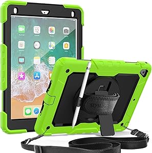 SEYMAC iPad 5th/6th Gen Case, 3 Layer Shockproof Case with Built-in Screen Protector Pencil Holder, 360 Degree Rotatable Stand & Hand Strap, Shoulder Strap for iPad 9.7 inch/Pro 9.7/Air 2-Green/Black