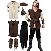 Suhine 6 Pcs Men's Halloween Renaissance Costume Set Medieval Vest Shirt Ankle Banded Pants Viking Belt Armband Pouch