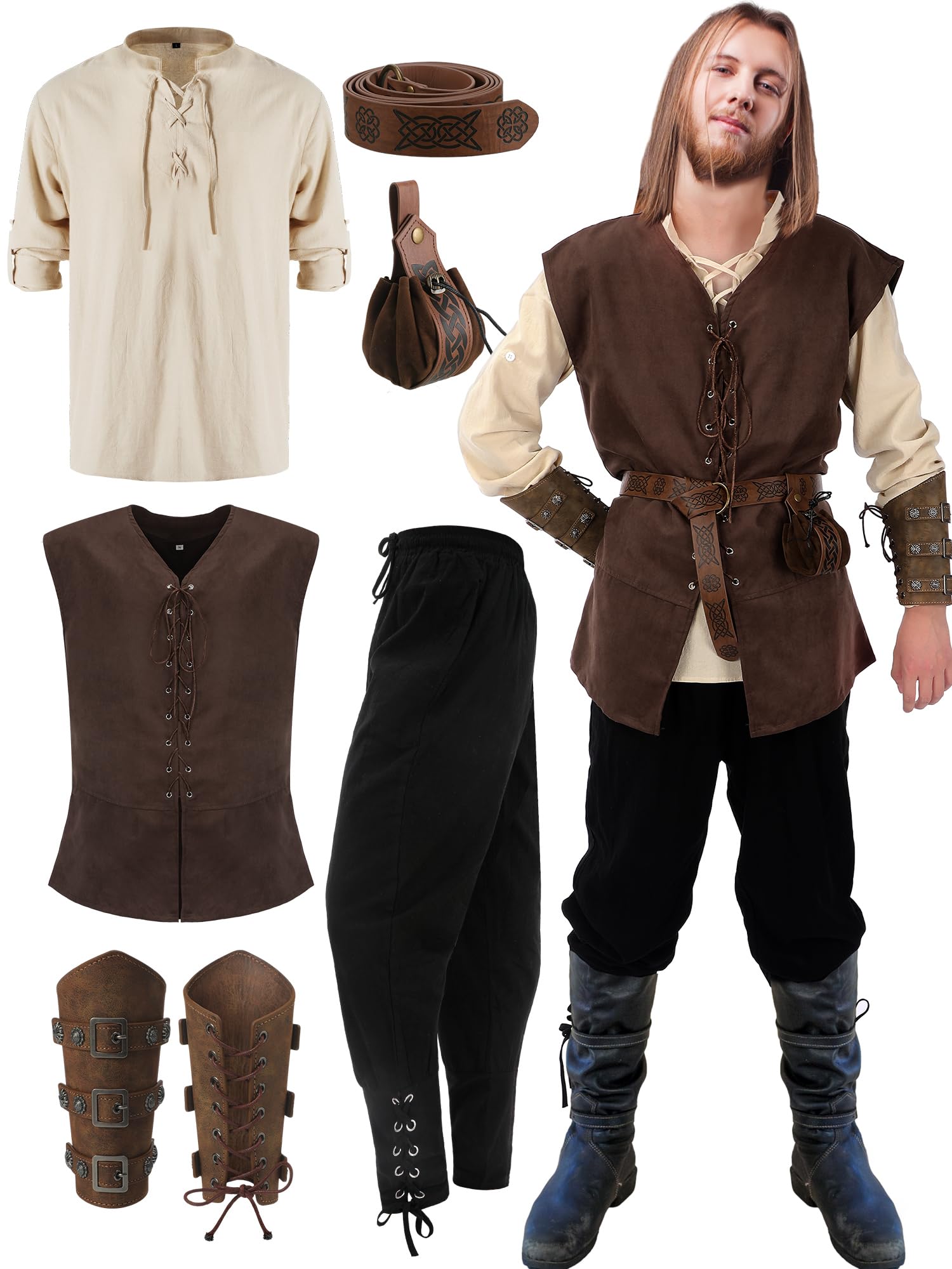 Photo 1 of Suhine 6 Pcs Men's Halloween Renaissance Costume Set Medieval Vest Shirt Ankle Banded Pants Viking Belt Armband Pouch(Classic Color,Large)