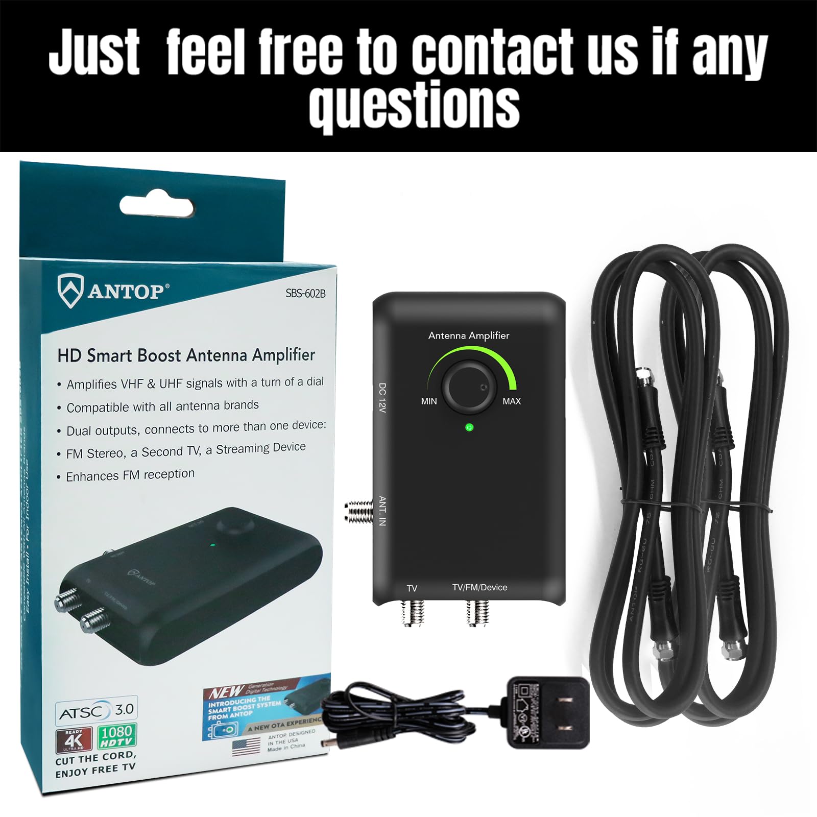 ANTOP HD Smart Boost Antenna Amplifier, HDTV Signal Booster, Amplifier with Dual Outputs for TV and Second Device,Enhances VHF/UHF/FM Reception,Compatible with All Antenna Brands, SBS-602B
