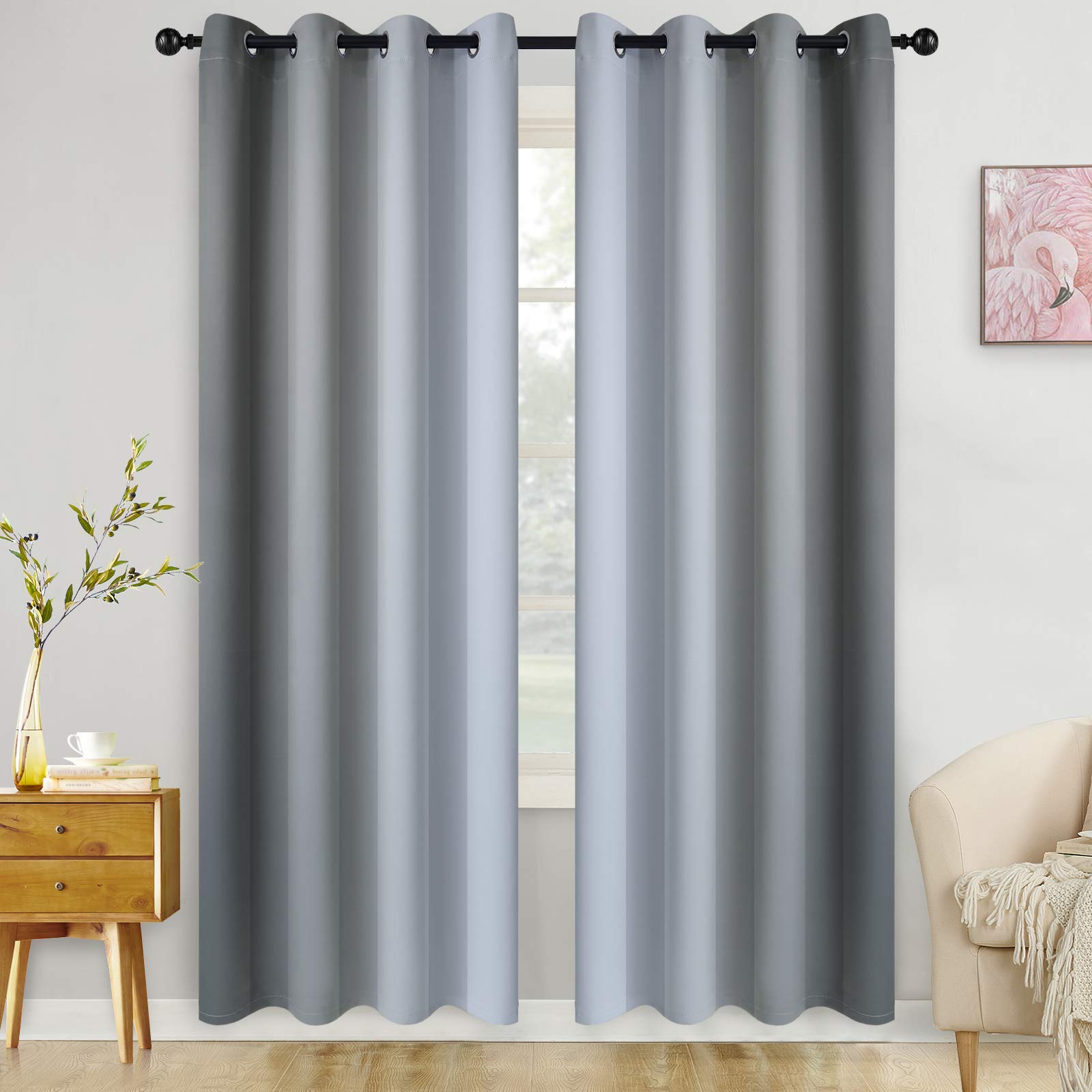 COSVIYA Grommet Ombre Room Darkening Curtains 96 inch Long, Gray and Grayish White Gradient Drapes Light Blocking Insulated Thermal Window Curtains for Bedroom/Living Room,2 Panels,52x96 inches