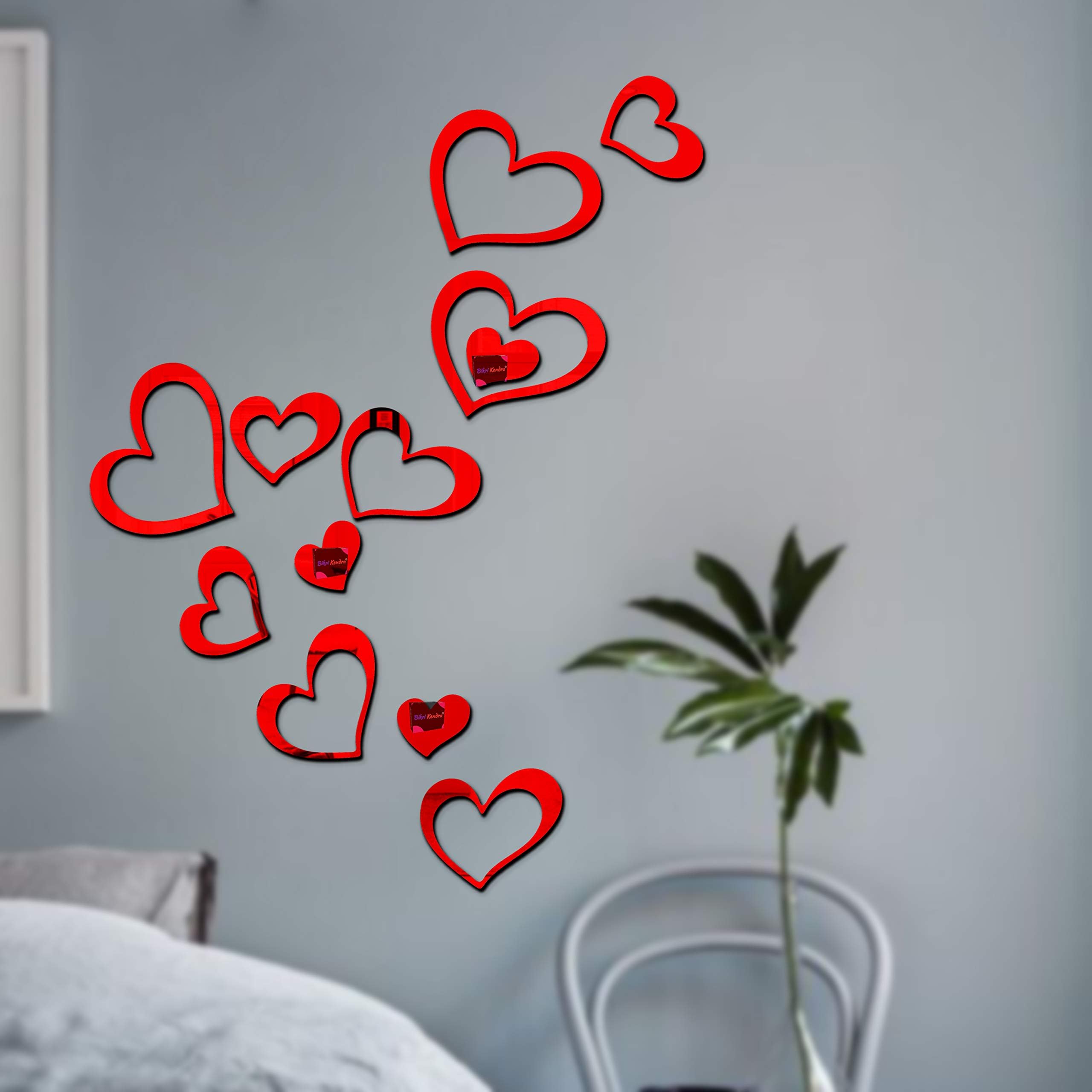 Bikri Kendra - Premium Love Hearts Red 3D Acrylic Mirror Wall Decor Stickers for Home and Office (Multicolour)
