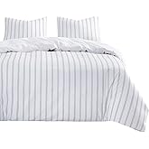 Wake In Cloud - Striped Comforter Set, Ticking Stripe Vertical Pinstripe Neutral Farmhouse Pattern Printed, Soft Lightweight Bedding, 3 Pieces, Navy White, Queen Size