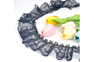 Kuasting 11 Yards Vintage Lace Pleated Fabric Trimming Ruffle Fabric Embroidered Sewing Craft Wedding Bridal Dress Appliques Patches & Handmade DIY Sewing (Black)