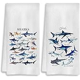 COWEB Shark Towels Set of 2, Species of Sharks Decorative Hand Towels for Bathroom, Shark Bathroom Decor, Coastal Beach Kitchen Towels, Beach House Decor Dish Towels for Kitchen, 16x24 Inches