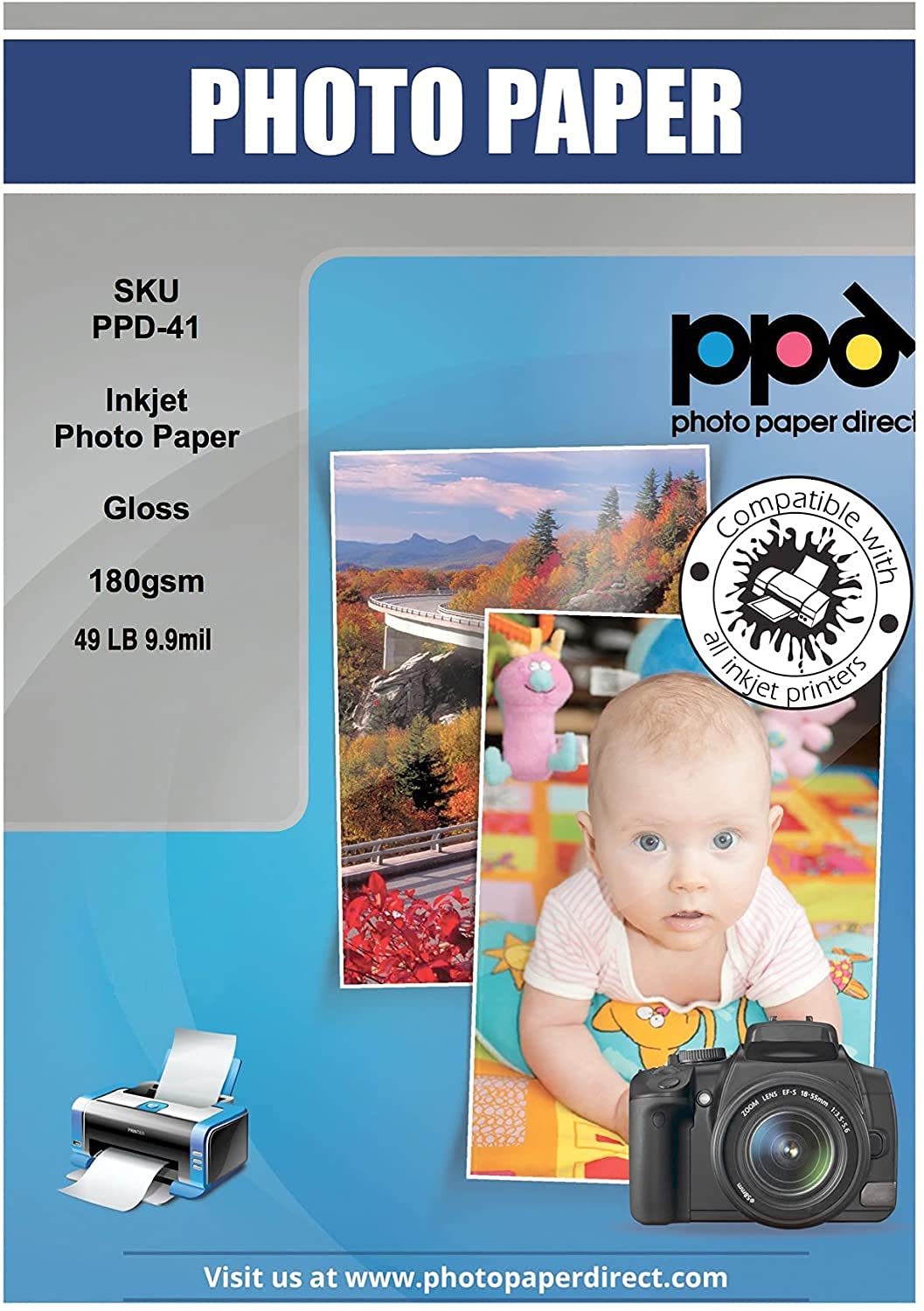 PPD 50 Sheets A3 Inkjet Premium Glossy Photo Paper 180gsm Instant Dry Water-Resistant PPD-41-50