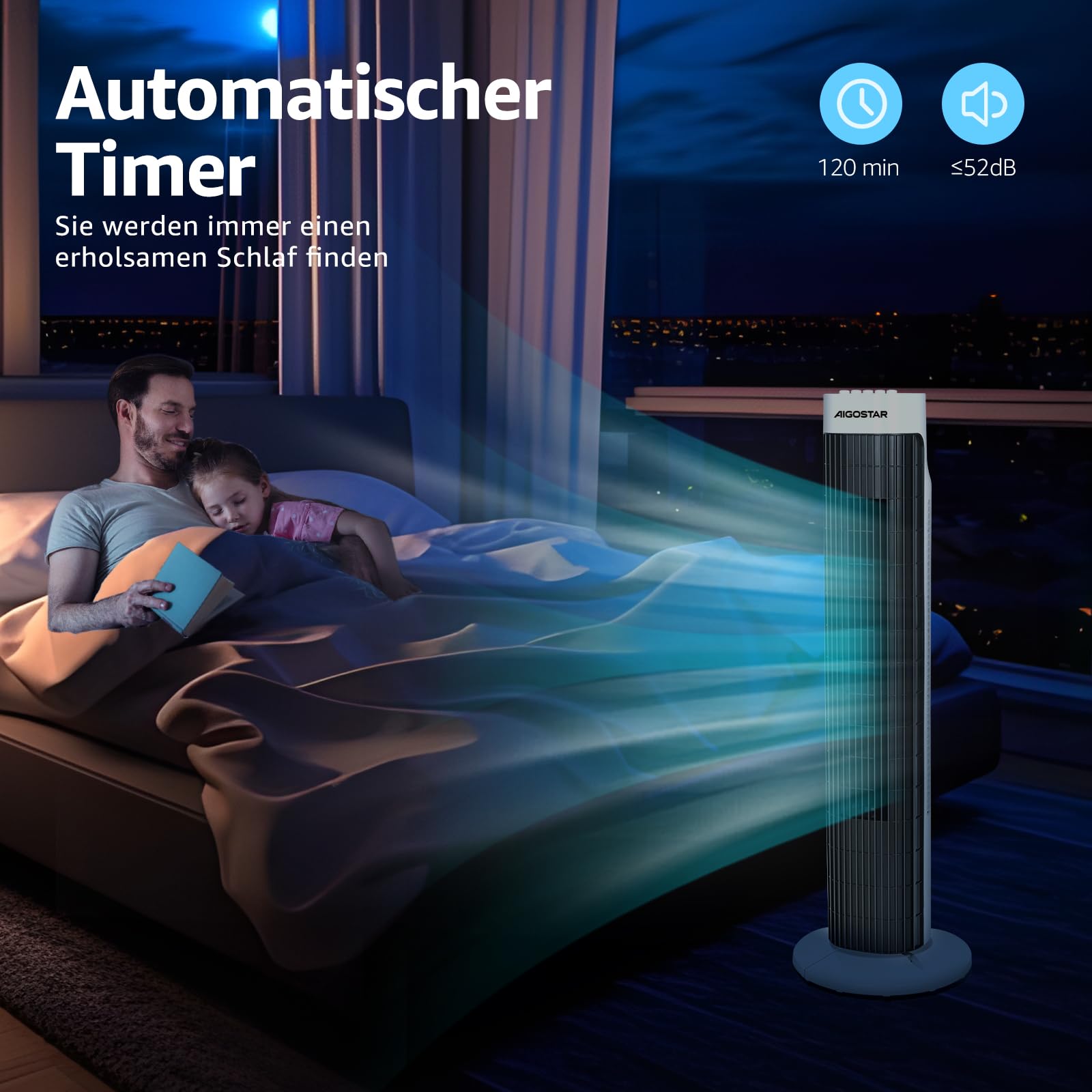Aigostar Leise Turmventilator, 85° Oszillation, Energiesparender Säulenventilator mit Timer, bis 103.6m/min Tower Ventilator, 3 Geschwindigkeiten, 45W Tower Fan, Standventilator 76cm für Schlafzimmer 5