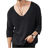 Verdusa Men's V Neck Drop Shoulder Lightweight Sweaters 3/4 Sleeve Knit Tops
