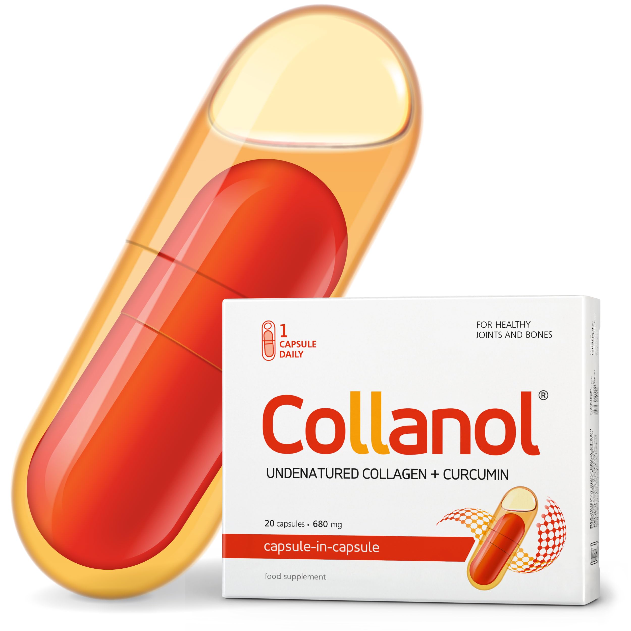 Collanol - The Revolution in Joint Health Care - Liquid Formula in a Double Capsule 3D Collagen + Micellar Extract of Turmeric Roots 1 Capsule/Day. Laboratory Tested (20 Servings)
