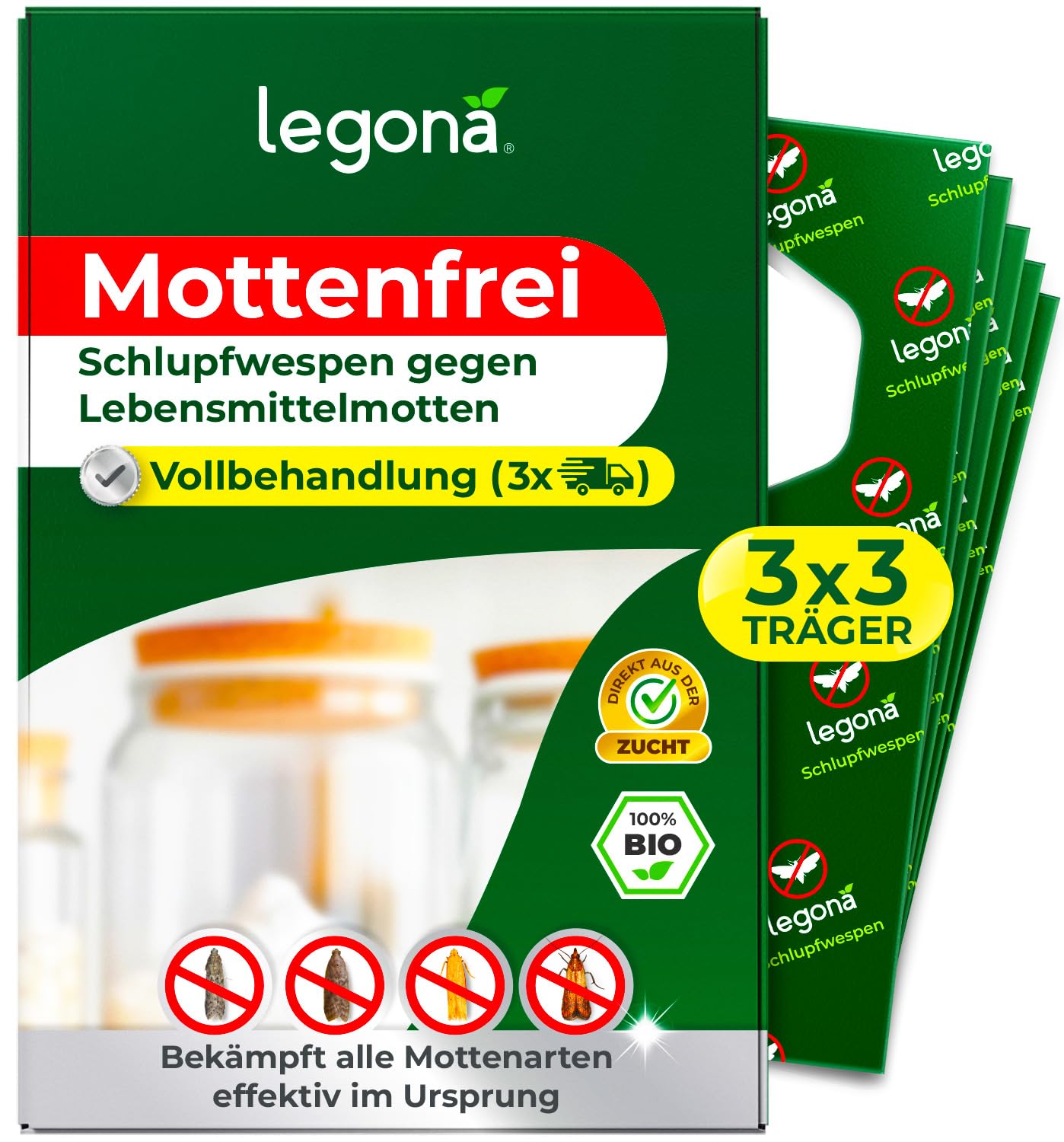 Legona Schlupfwespen gegen Lebensmittelmotten, 3 Lieferungen mit je 3 Trägern, 9 Wochen Vollbehandlung