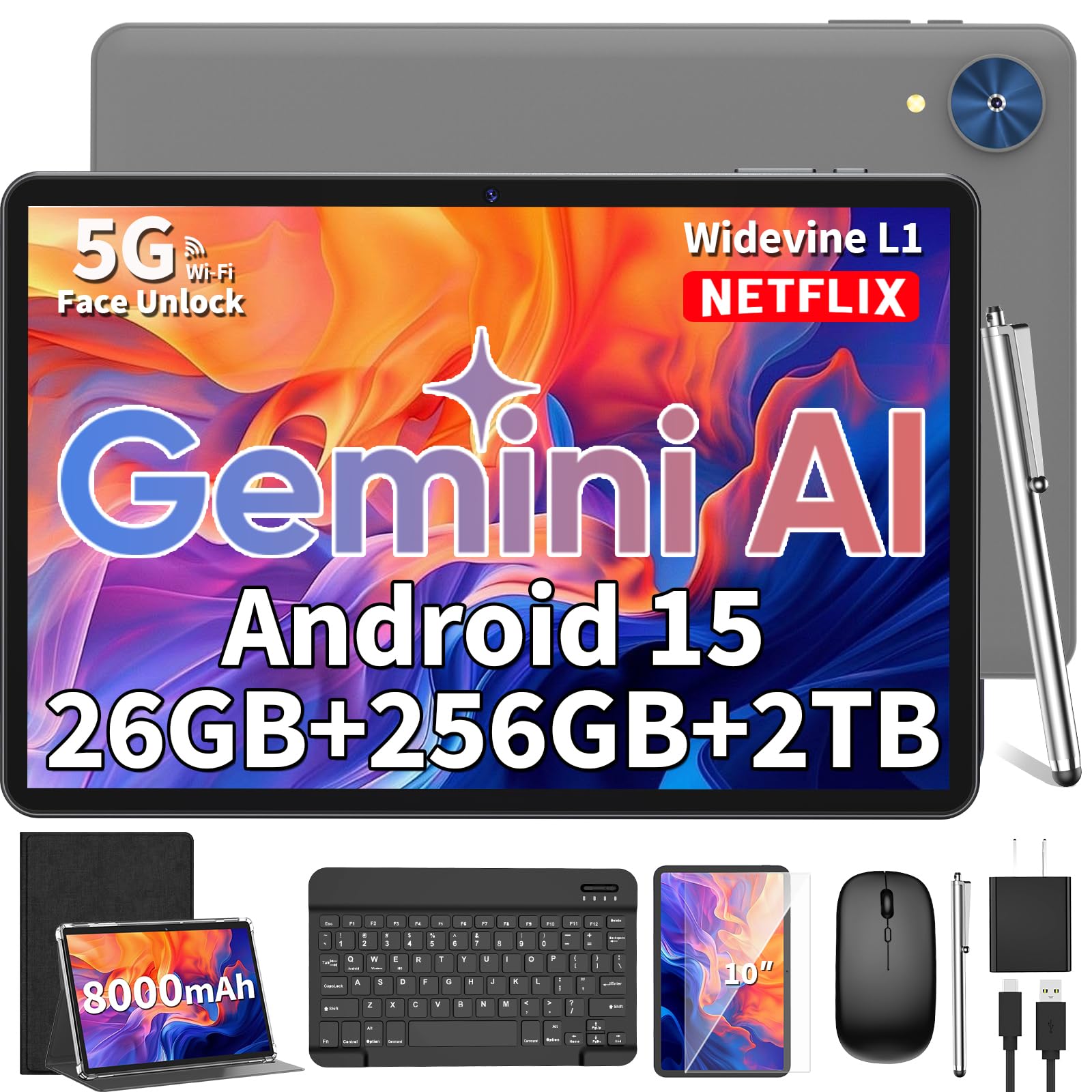 Photo 1 of 2026 Android 15 Tablet, 10 inch Tablet with Keyboard, 24GB+256GB+2TB Expand, 2-in-1 Tablets with 8-Core, 5G WiFi, 8000mAh, BT5.0, GMS, GPS, Gemini AI, Tablets PC with Mouse, Case, Stylus (Black)
