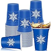 Whaline 50 Pack Winter Snowflake Plastic Cups Blue Winter Wonderland Clear Plastic Cups Christmas Winter Disposable Party Cups for Hot Cold Drinks Party Supplies, 16oz