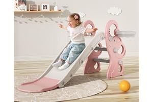 Babytronic Toddler Slide, Kids Indoor Outdoor Playset with Basketball Hoop & Ring Toss, Foldable Baby Plastic Slide, Outdoor Playground Climber Slide (Pink&White)