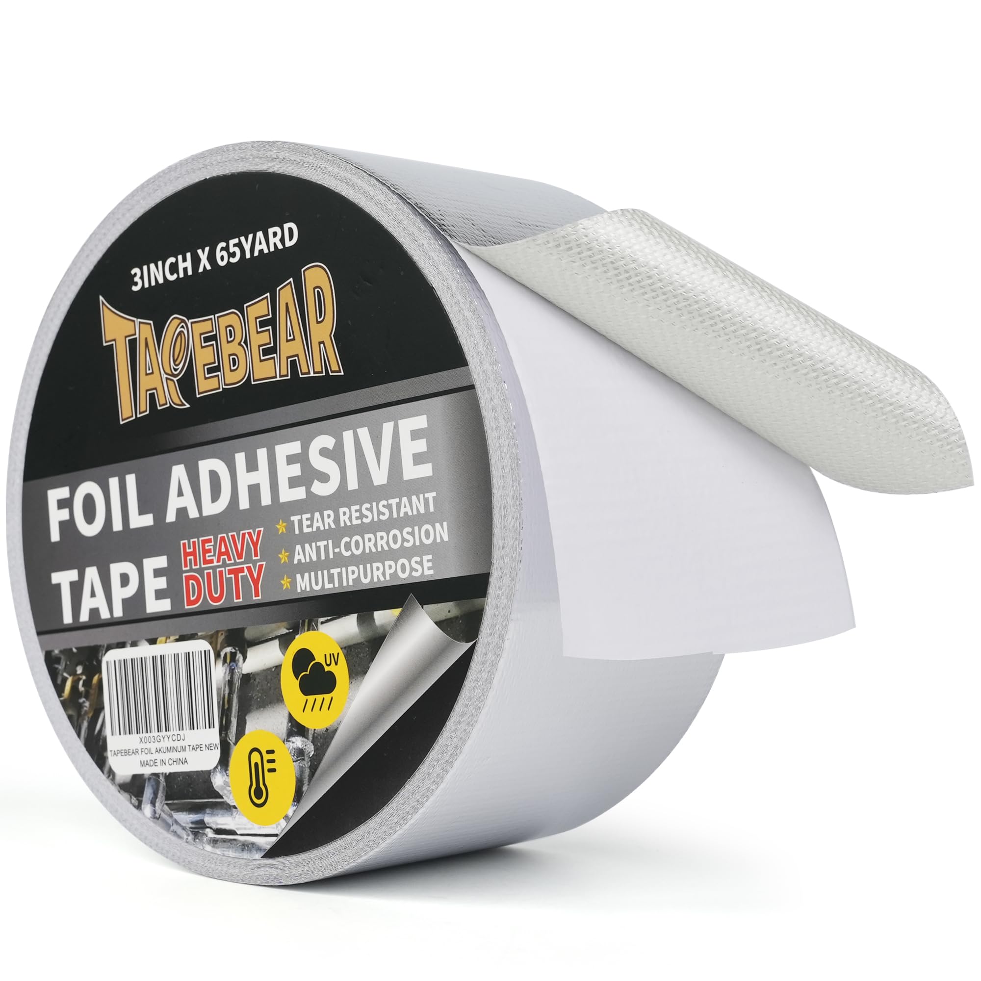 TAPEBEAR Glass Fiber Cloth Aluminum Foil Tape, Professional Insulation High Temperature Duct Tape, Withstand 80°C to 100°C, Reinforced, for HVAC, Repair, Pipe Sealing, 3inch x 65yard