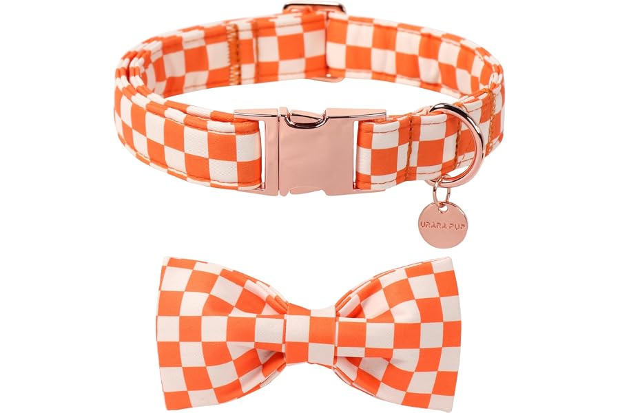 UP URARA PUP Fall Dog Collar with Bow Tie, Orange Plaid Bowtie Dog Collar, Autumn Bowtie Collars for Puppy Boy Girl Dogs, Comfortable Cotton Dogs Collars with Metal Buckle