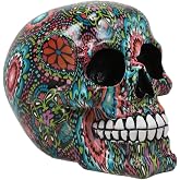 Ebros Gift Day of The Dead Colorful Beads and Floral Blossoms Design Sugar Skull Statue As Decorative Halloween Prop Gothic Haunted Themed Skeleton Cranium Figurine