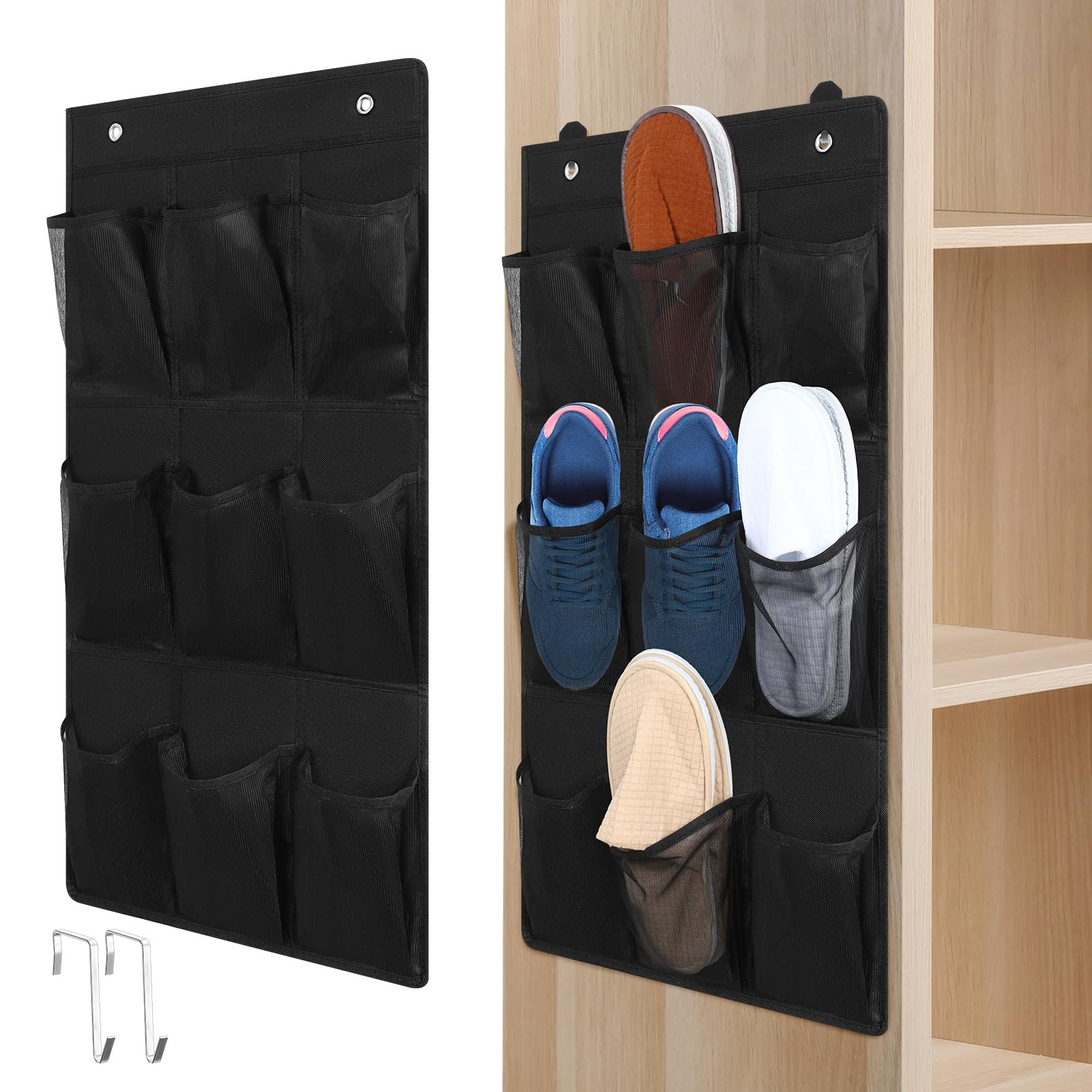 Photo 1 of Dansydaisy 2 Pack 18 Pocket Wall Hanging Shoe Rack for Closet RV Shoe Storage with 8 Hooks over the Door Shoes Holder Organizer for Bathroom, RV, Pantry, Camping(Black)