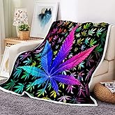 Cool Trippy Weed Throw Blanket, Neon Tie Dye Marijuana Leaf Cannabis Art Fleece Blanket, Colourful Soft Flannel Throw Blanket for Chair Bed Sofa Couch, 50X60IN
