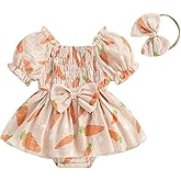 Lamuusaa Newborn Baby Girl Easter Outfit Smocked Carrot Romper Cotton Linen Bodysuit Shirts Headband Summer Clothes 0-18M