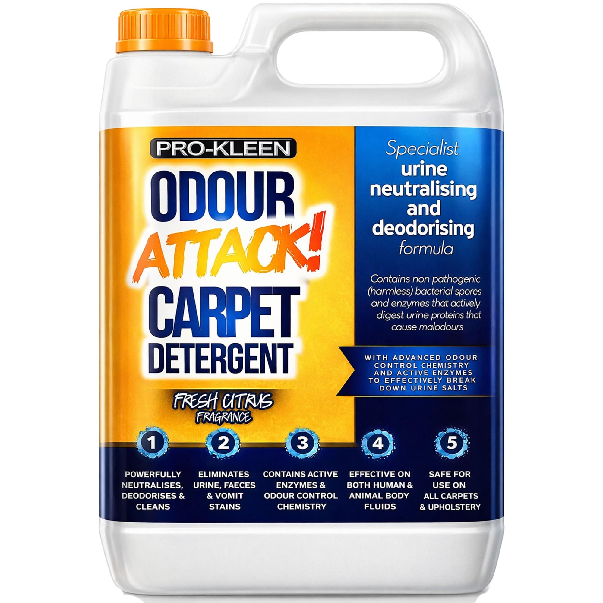 Pro-Kleen Odour Attack Pet Carpet Cleaner Shampoo Citrus 5L Contains Active Enzymes to Digest Urine Proteins, Faeces, Vomit Stains, Neutralises Deodorises, Suitable for All Carpet,