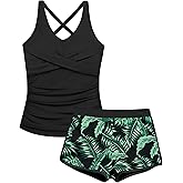 Girls Tankini Swimsuits 2 Piece Criss Cross Ruched Swimwear Printed Swim Shorts Girl Bathing Suit for 9-16 Years