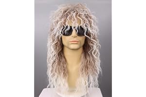 Tereshar 80s Wig with Glasses White with Brown Cosplay Wig Long Curly Mullet Wigs Punk Heavy Metal Rocker Wig for Men and Women (White with Brown, withGlasses)