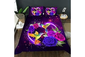 AILONEN 3D Hummingbird Duvet Cover King Size, Lovely Heart Pattern with Rose Bedding Set for Girls Women,Deep Purple Galaxy Comforter Cover,3 Pieces,1 Quilt Cover and 2 Pillowcases
