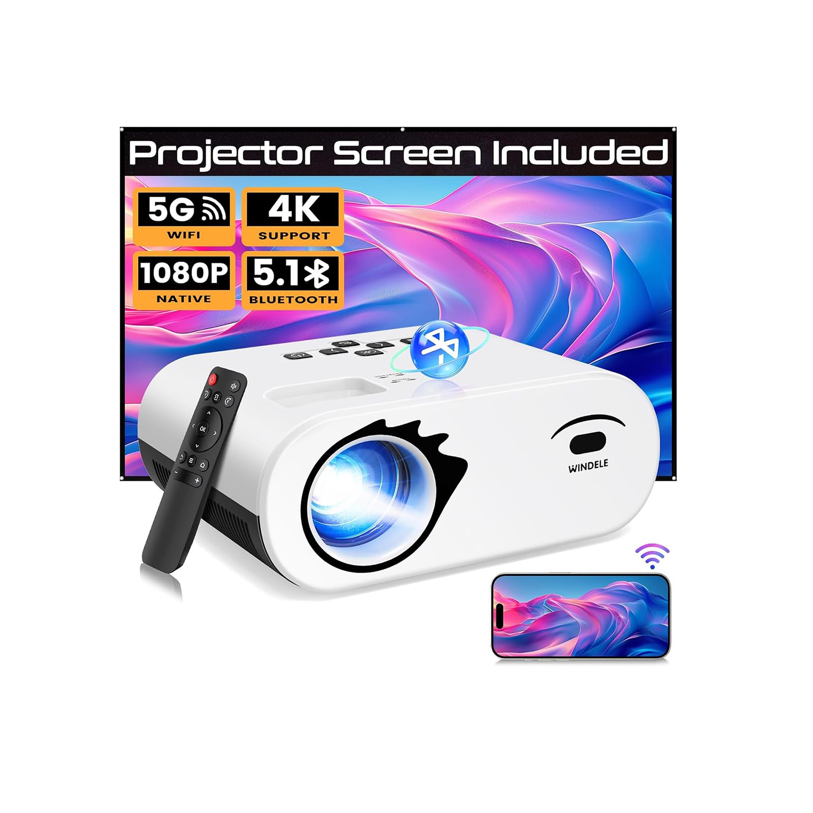 Photo 1 of Projector with WiFi and Bluetooth, Screen | Native 1080P, Portable Outdoor 5G Projector, Lag-Free, Compatible with iPhone, Android, PC, Fire Stick, Xbox, and PS5