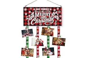 AMIATALO Christmas Card Holder, Merry Christmas Hanging Picture Holder, Xmas Christmas Hanging Card Wall Display with 20 Photo Clips for DIY Christmas Picture Collage Photo Cards Holiday Home Decor(Red)