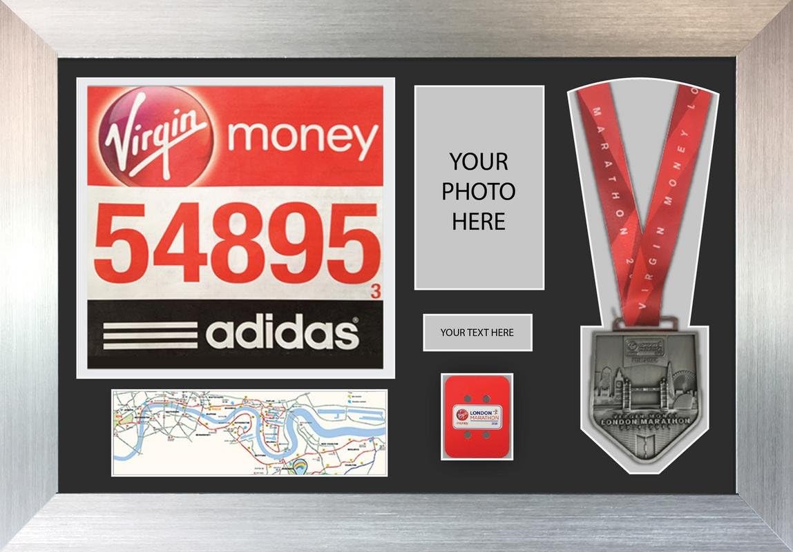 Kwik Picture Framing Ltd London Marathon 2019 Medal Display Frame with Timing chip display Black Mount - Silver Frame