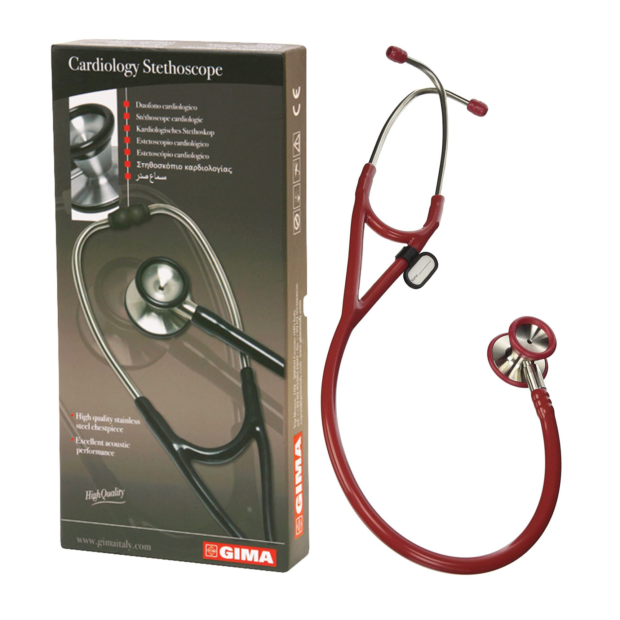 Gima 32551 Cardiology dual head stethoscope - burgundy tube, littmann type stethoscope, professional cardiology stethoscope