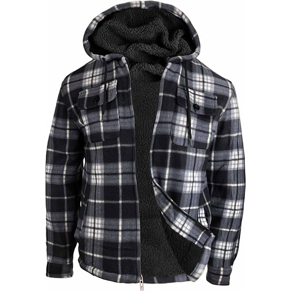 Butygity Plaid Flannel Hoodie for Men Sherpa Lined Jacket Fleece