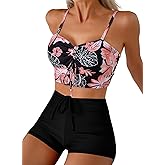 Herseas High Waisted Bikini Sets for Women Floral Print Two Piece Tummy Control Swimsuits Drawstring Short Bathing Suit
