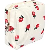 WJIAAA Small Makeup Bag for Purse, Portable Corduroy Cute Cosmetic Mini Pouch with Zipper, Travel Toiletry Organizer for Women Straberry Beige