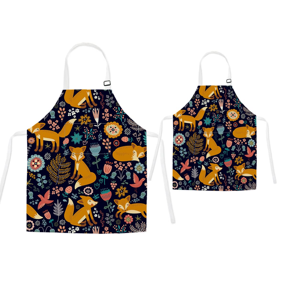 TRYTUTRY Adult and Kid Apron with Pocket - Cute Fox Mather Daughter Matching Aprons, Adjustable Neck Buckle Parent Kid Aprons for Artists Chef Baking Cooking