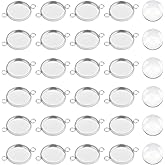 PH PandaHall 100pcs 14mm Stainless Steel Cabochon Connectors Charm Settings Round Pendant Cabochons Bezel Trays with Clear Glass Cabochons Flat Round Blanks Trays for Jewelry Making 21.5x16x2mm