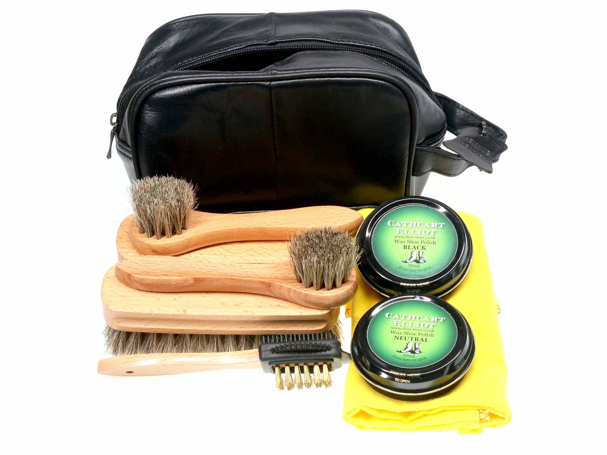 Cathcart Elliot Leather Shoe Care Kit, Horsehair Brushes, Black & Neutral Polish, Leather Bag